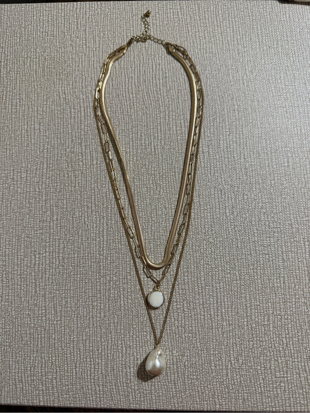 Gold-Tone Layered Necklace with White Pendant and Pearl Drop
